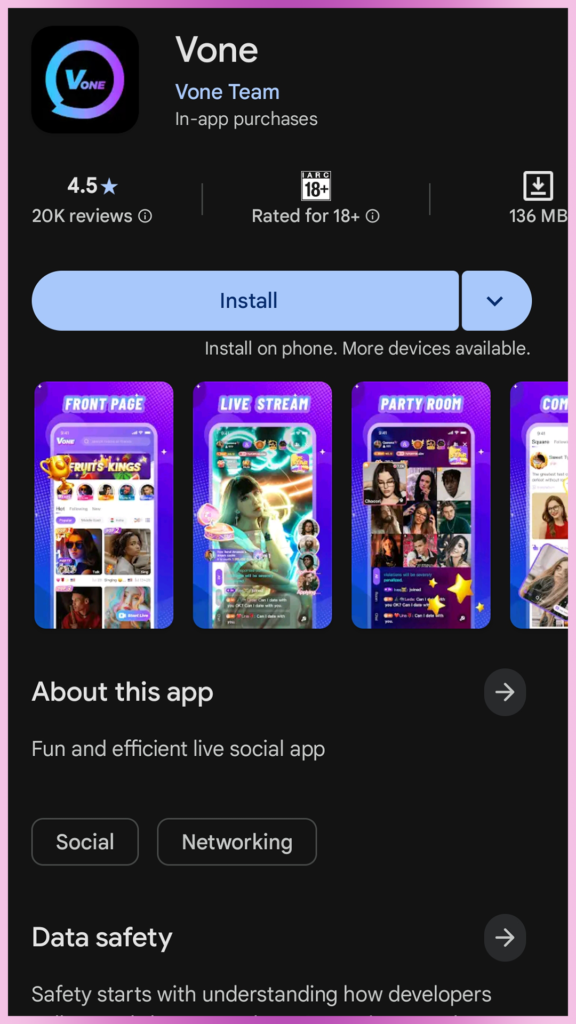 Vone Live Host Registration 2026 Tutorial Step 1 - Play Store Page